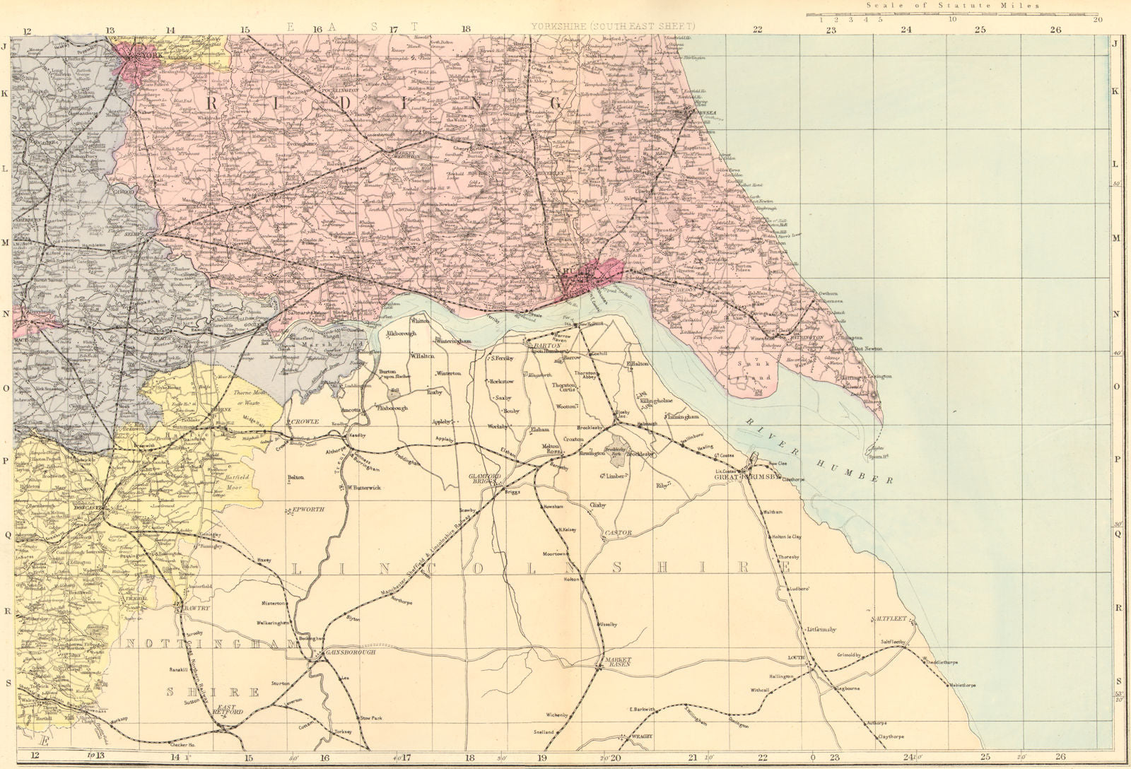 YORKSHIRE (South East). Hull York. Antique county map by GW BACON 1884 old